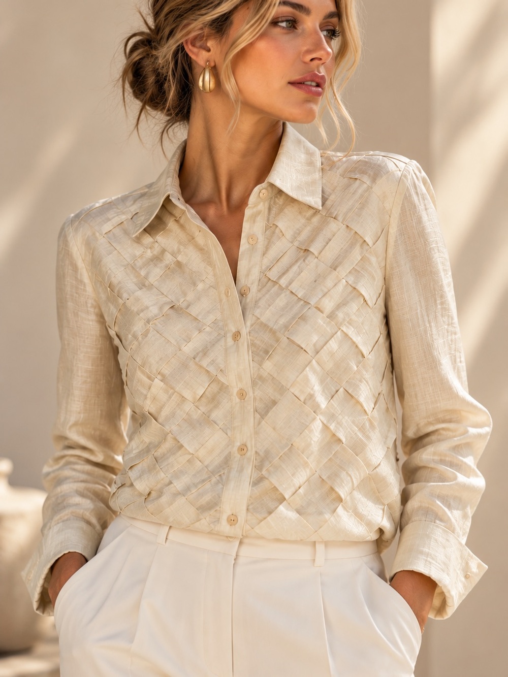 Basket Weave Linen Silk Button Front Blouse Carlisle Size 8 *